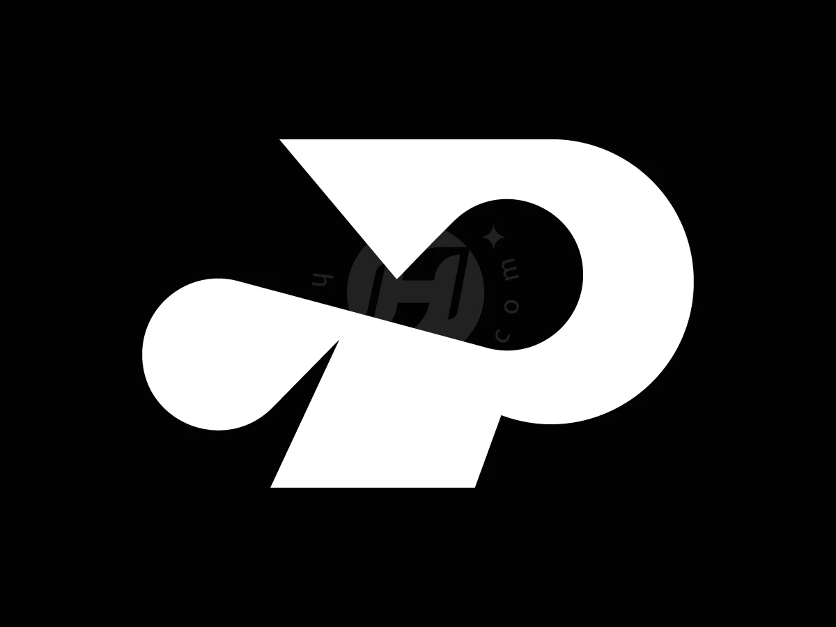 White geometric shapes form a stylized letter P and infinity symbol logo against a solid black background.