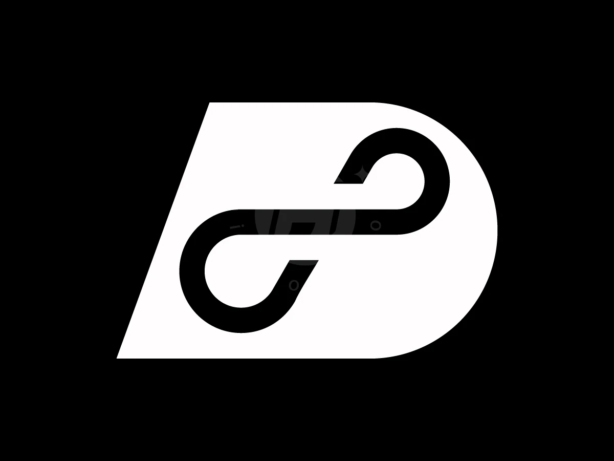 Inside a white geometric shape, a black infinity symbol forms a stylized P letter logo against a dark background.