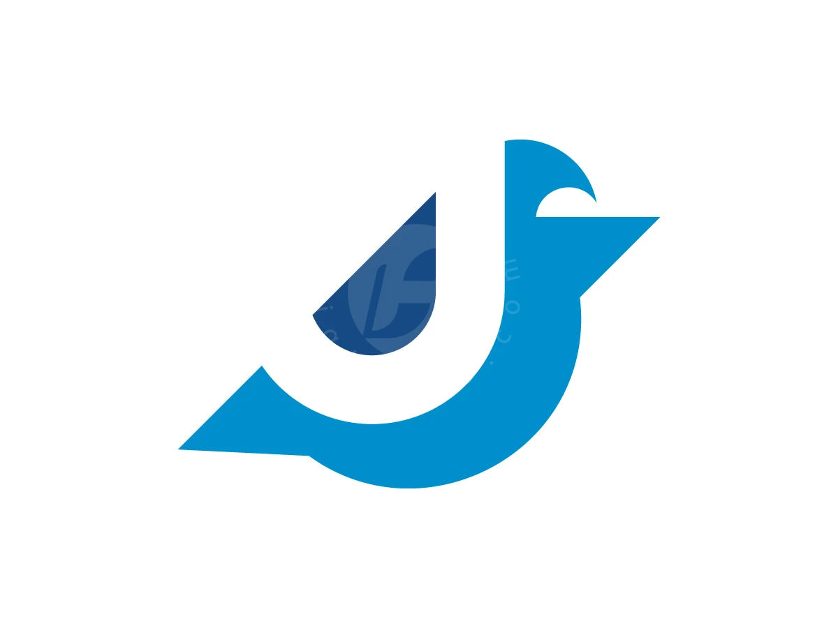 Integrating a bird silhouette with the letter J, this blue minimalist logo features clean geometric curves.