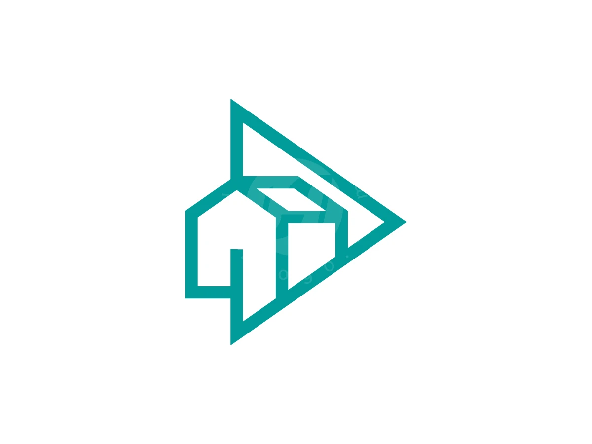 Minimalist Home Content Media Logo, House outlines in teal merge with a geometric right-pointing play button symbol on a white background.