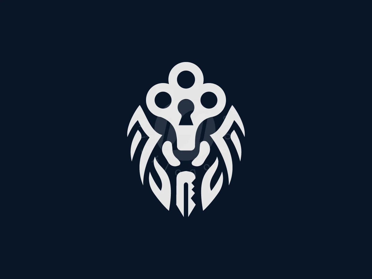 Keyhole and skeleton key elements form a white lion head logo against a solid dark navy blue background.