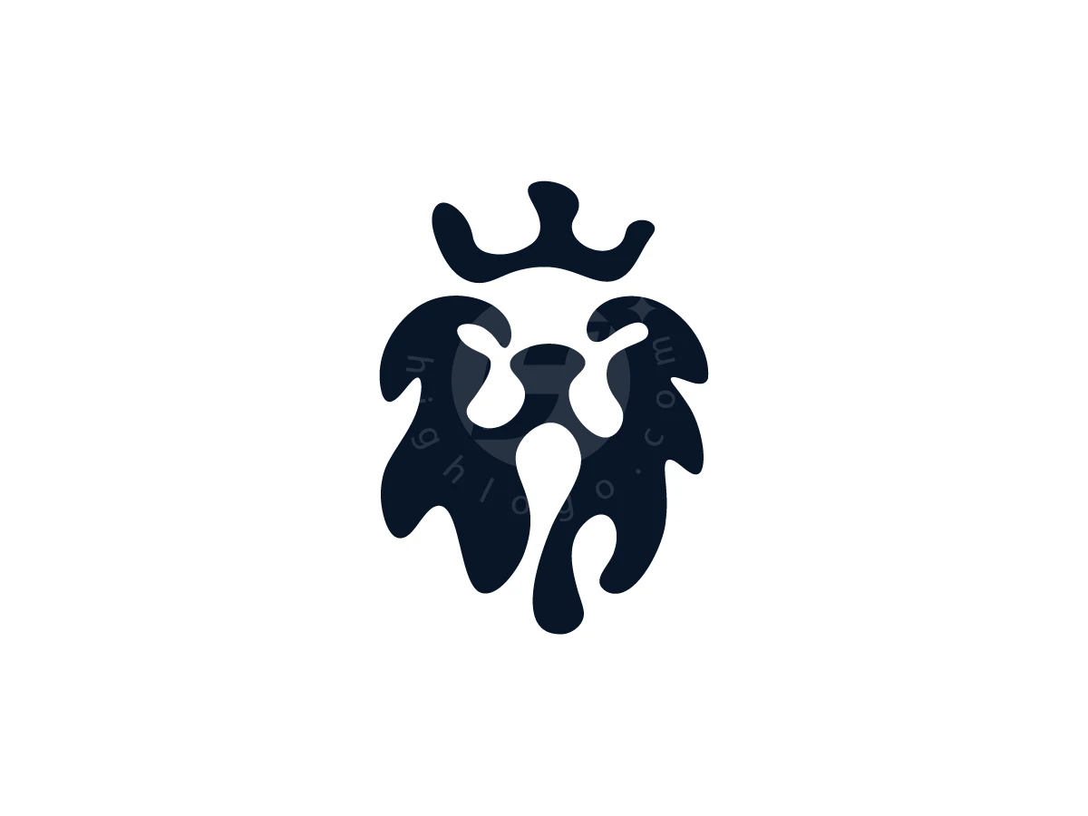 Against a white background, fluid black shapes define a crowned lion in this abstract liquid logo.