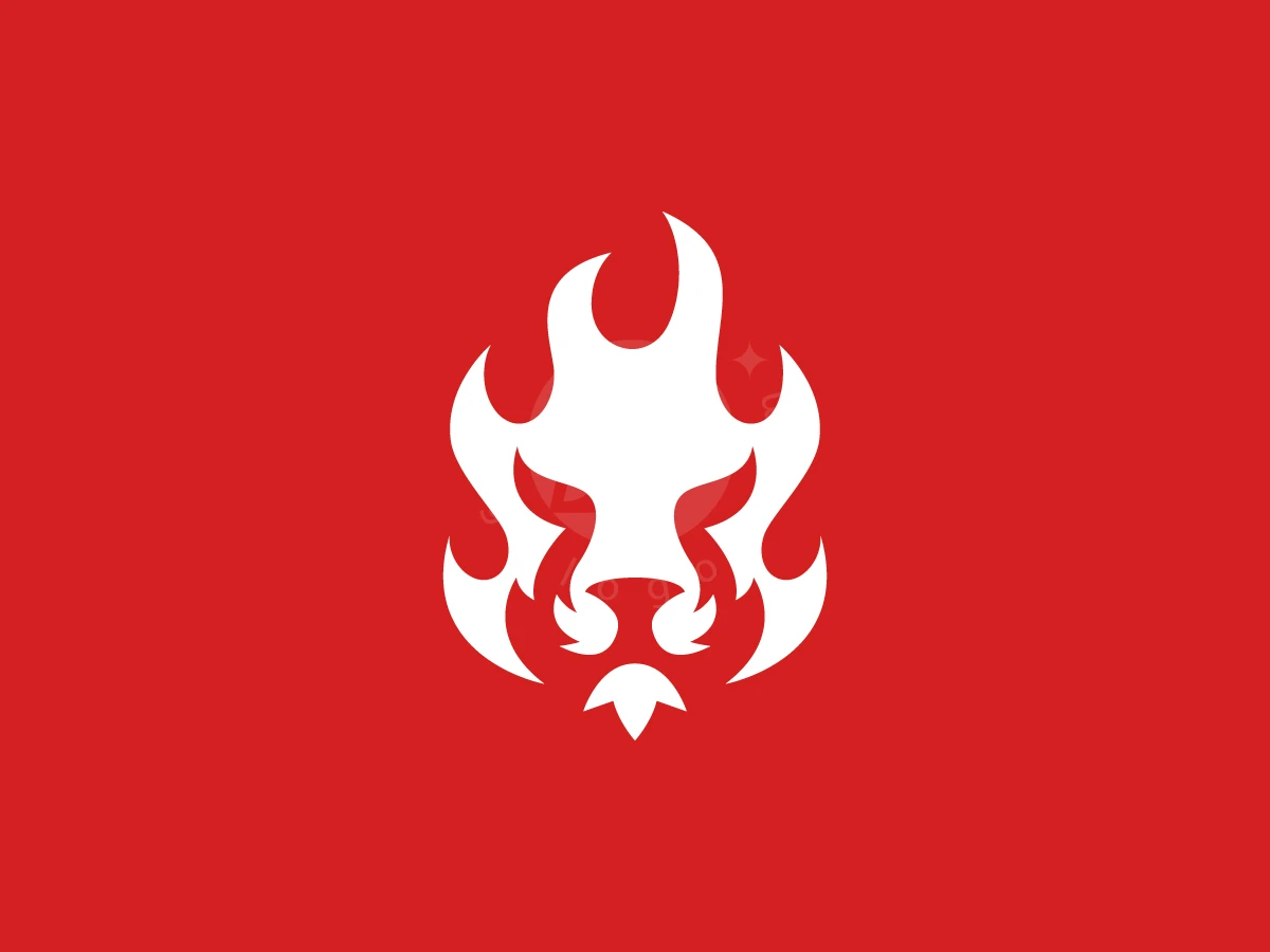Flames form a white lion's head in this futuristic logo set against a vibrant red background.
