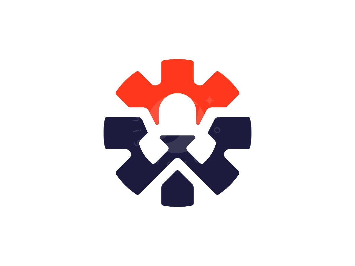 Red and navy gear shapes form a lion face in this modern gear logo for industrial branding.