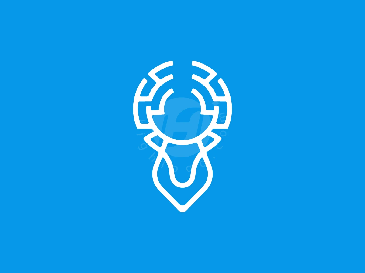 Against a bright blue background, white geometric lines form a stylized deer head logo with circular antlers.