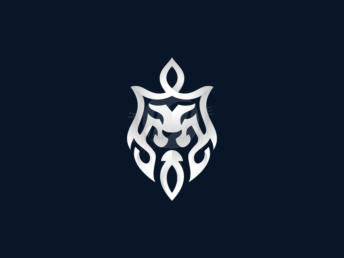Lion head logo designed as a silver metallic ornamental crest against a solid navy blue background.
