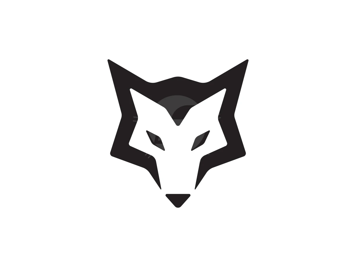 Sharp black geometric shapes form a stylized fox head logo with pointed ears and angular features.