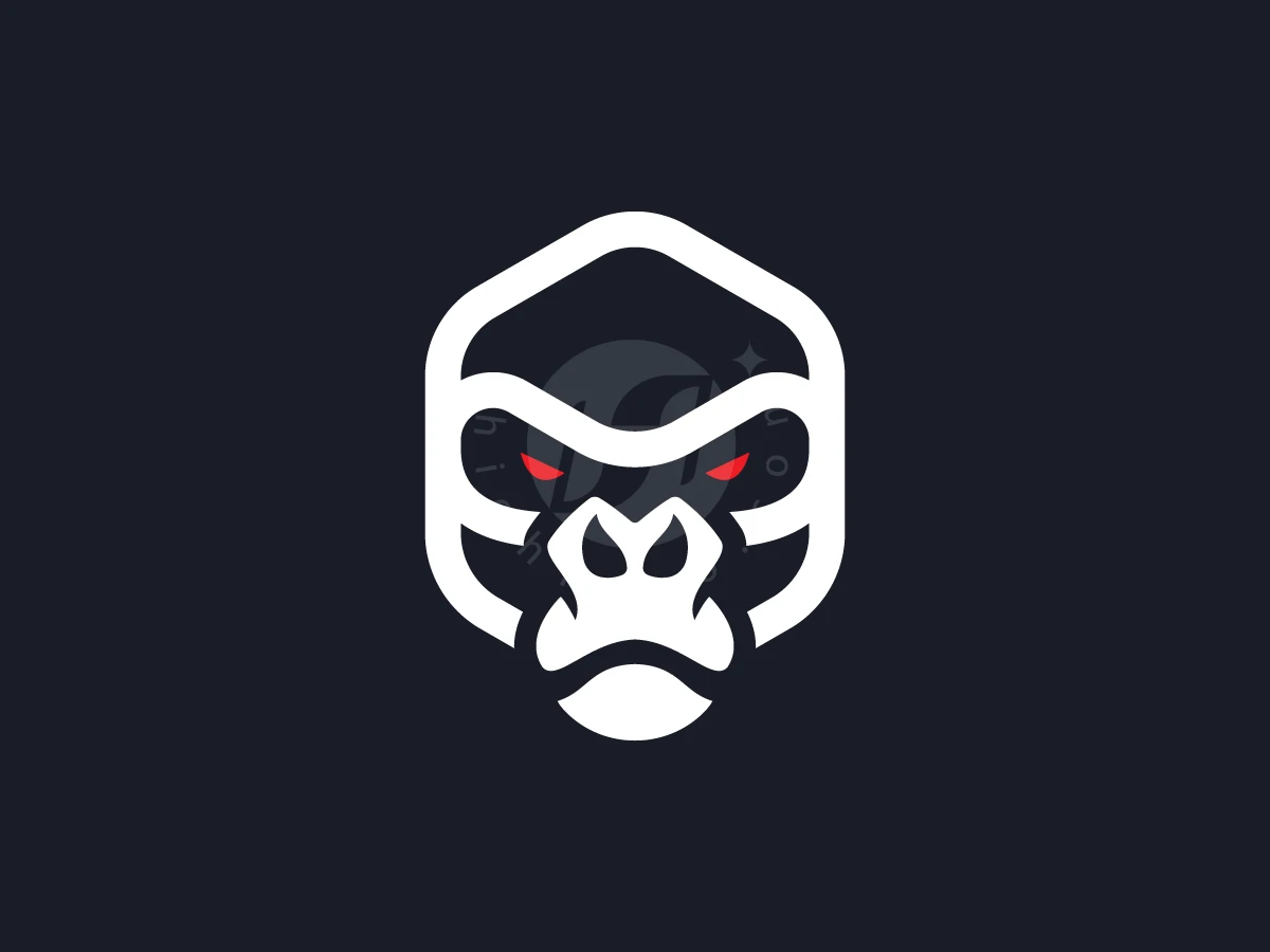 Red eyes glow from a white geometric gorilla face inside a hexagonal outline in this modern cube logo.