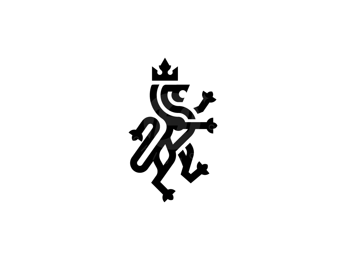 Geometric black lines form a crowned lion rampant in this modern heraldic logo against a white background.