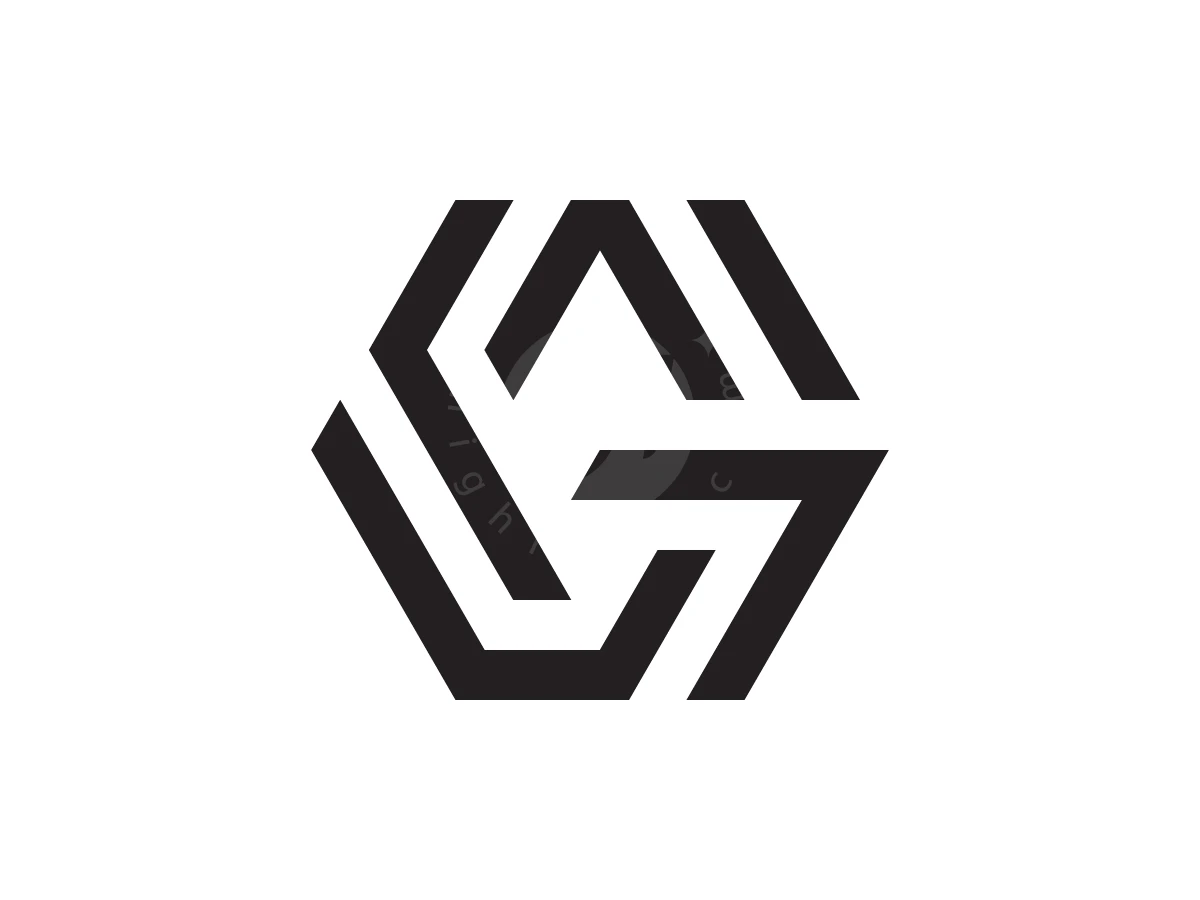 Letter G monogram logo features thick black geometric lines arranged in a hexagonal silhouette.