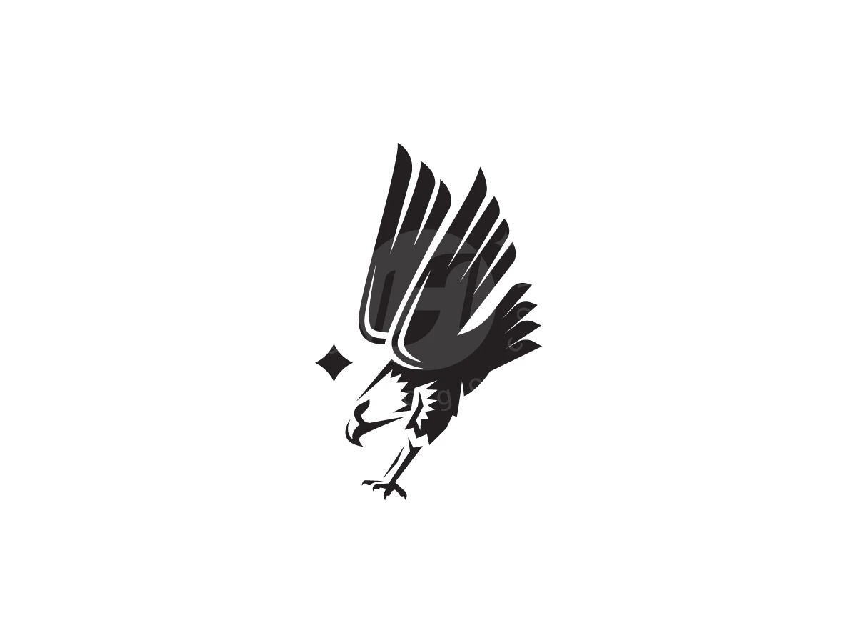 Diving with sharp wings and talons, this dynamic attacking eagle logo depicts a monochrome bird of prey and star.