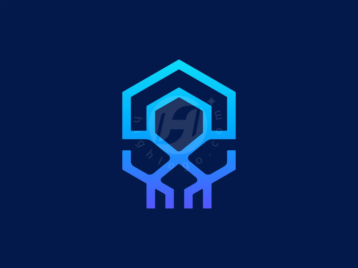 Hexagonal Skull Modern Logo, Against a navy background, cyan and purple gradient lines form a geometric skull with a central H emblem.