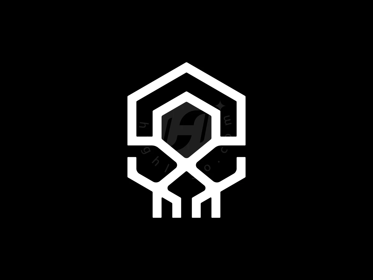 Hexagonal Skull Modern Logo, Hexagonal white lines form a geometric skull icon on a black background with faint central watermark.