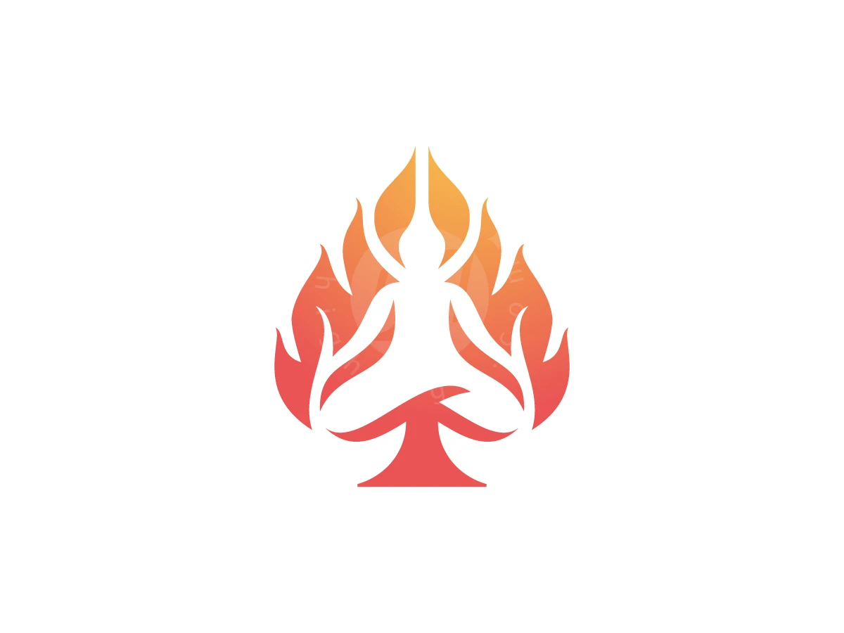 Yoga Ace Fire Logo, Flames in red, orange, and yellow gradients form a spade shape surrounding a white silhouette of a meditating figure.