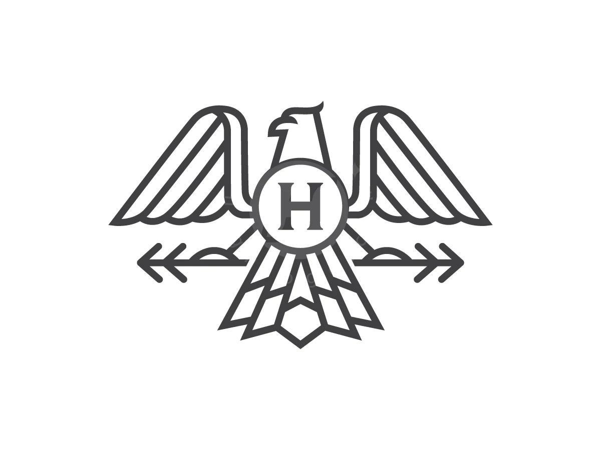 Eagle logo in gray line art features a central letter H, symmetrical wings, and horizontal arrows.