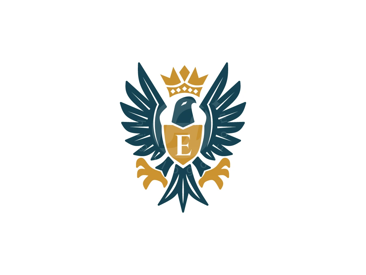 Featuring navy blue wings and a gold crown, this royal eagle emblem logo displays a letter E shield.
