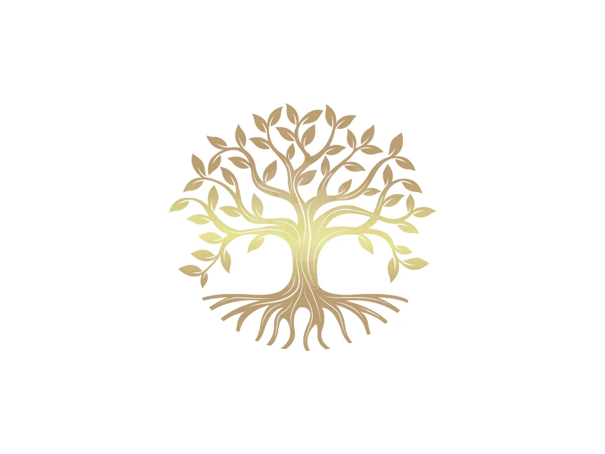 Roots and branches in a gold gradient form a circular natural tree of life logo on white background.