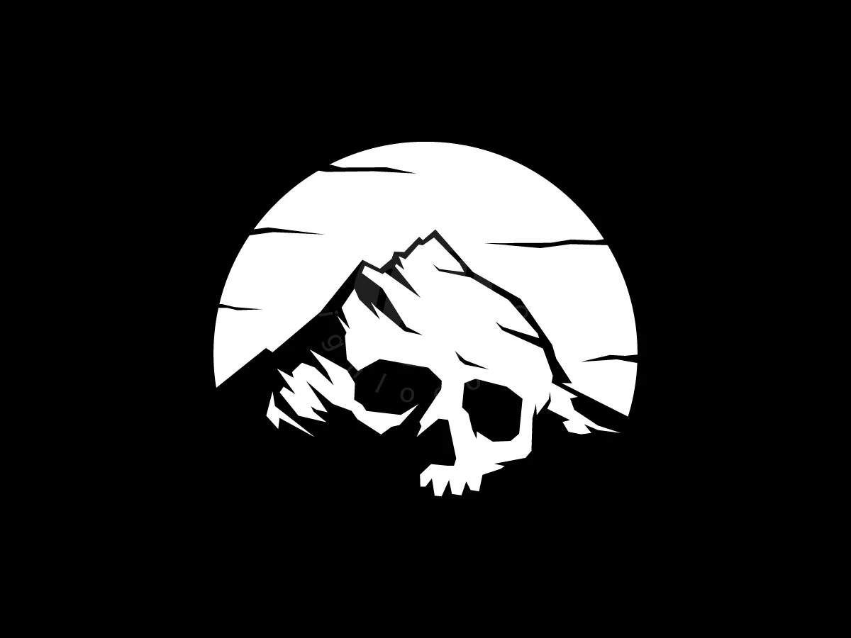 Inside a white circle, this black and white Skull Mountain logo features a rugged peak forming a skull silhouette.