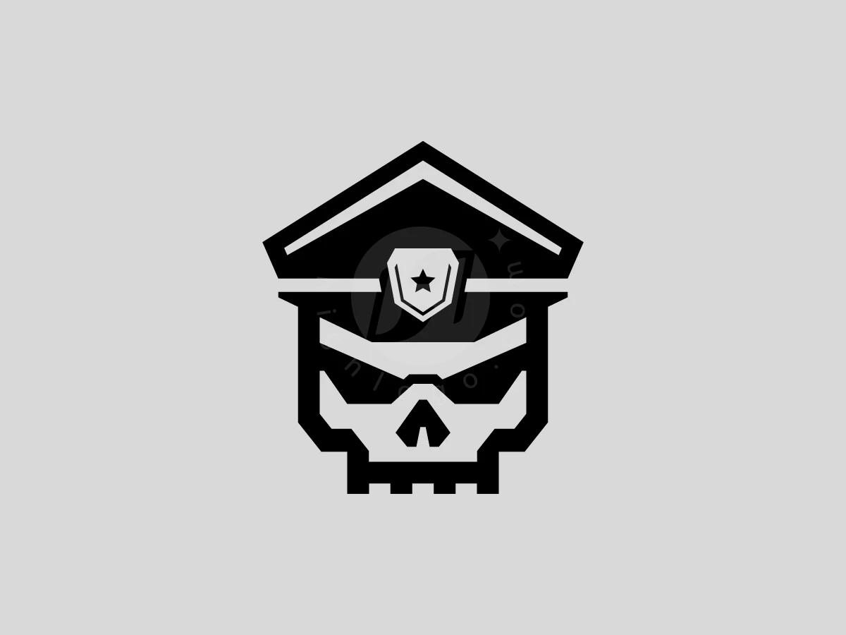 With bold geometric lines, this black and white skull officer logo features a peaked cap and star shield badge.