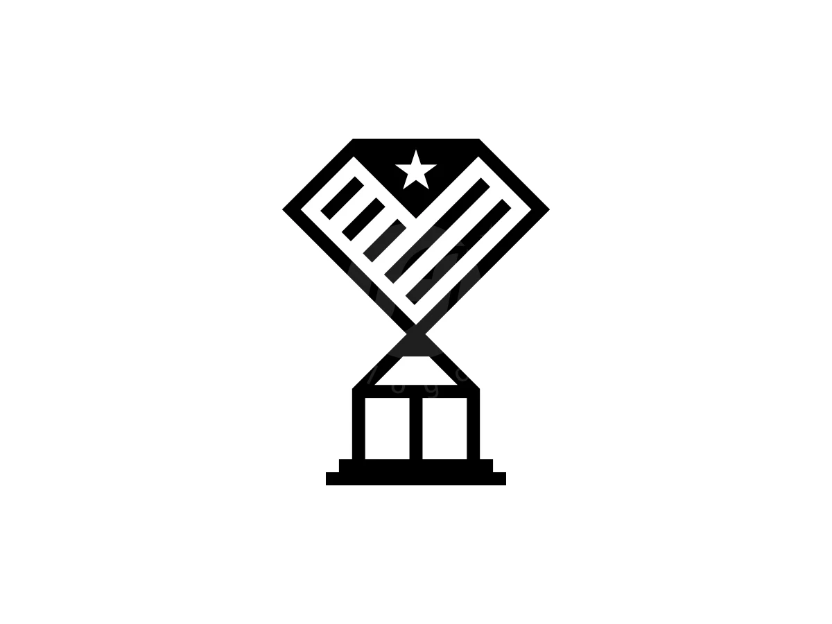 Symmetry defines this black writing championship logo, featuring a striped diamond trophy with a white star atop a pedestal.