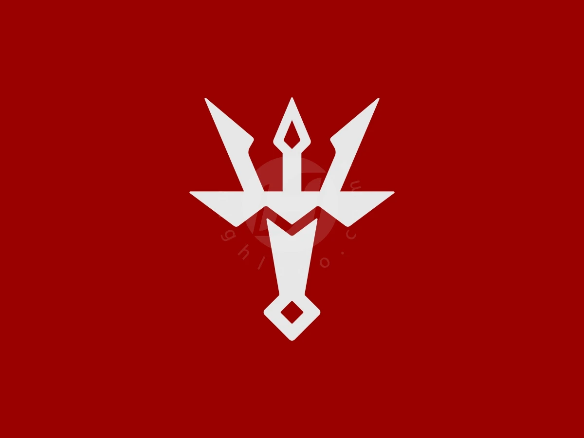 Trident symbol in white forms a letter T against a bold red background for this sharp, geometric logo.