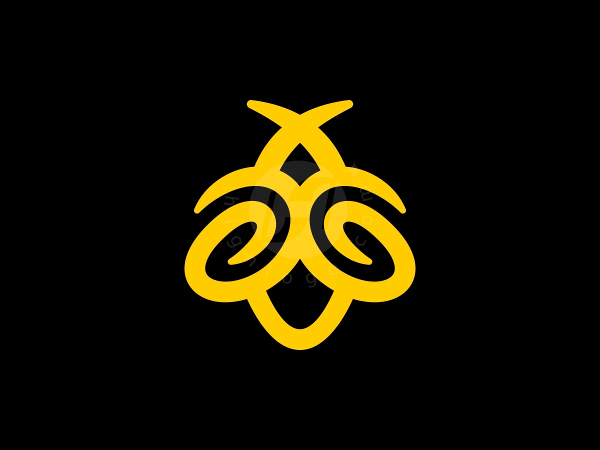 Yellow swooping lines create a playful flying bee logo with spiral wings against a solid black background.