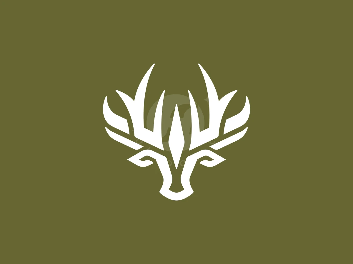 Symmetrical white lines form an iconic elegant string deer head logo with sharp antlers on olive green.