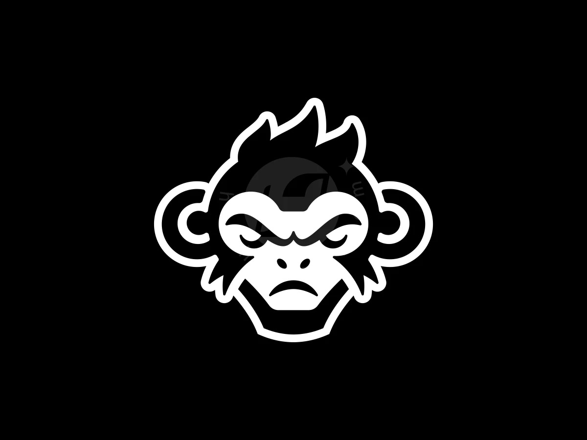 Boldly designed, this black and white monkey logo features a fierce, angry primate face with sharp, stylized lines.