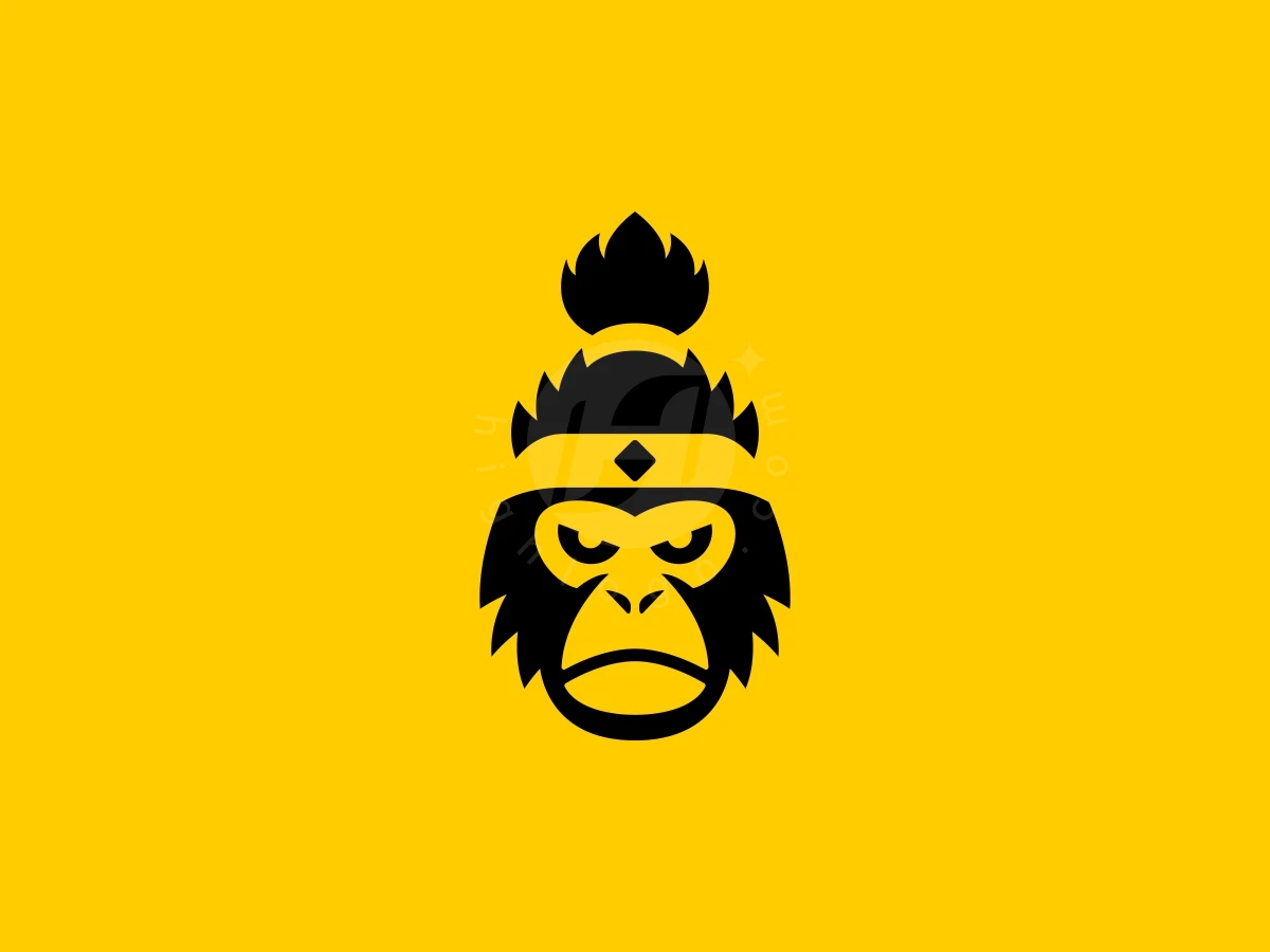 Fierce black monkey warrior mascot logo with a topknot and yellow headband on a solid yellow background.