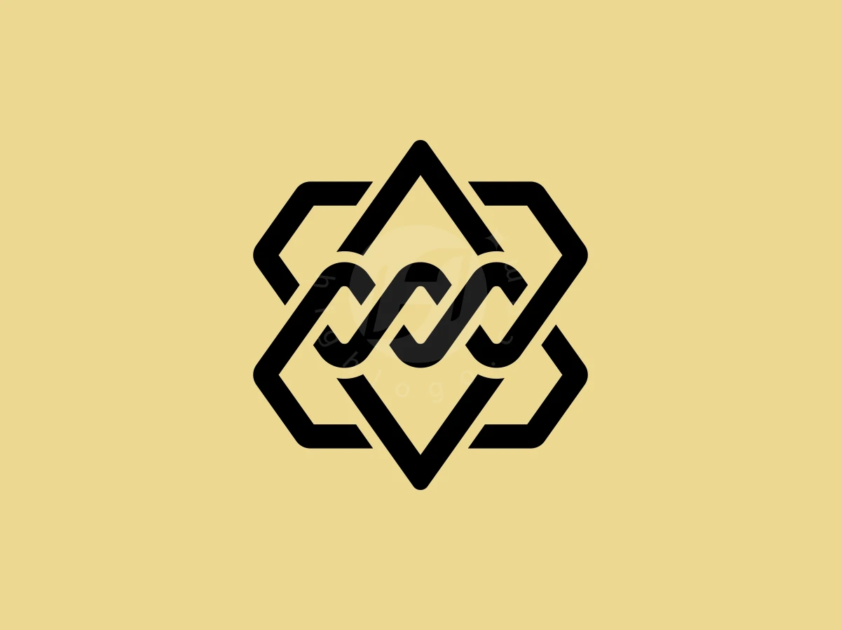 Interlocking black lines create a DNA helix and diamond pattern in this logo on a yellow background.