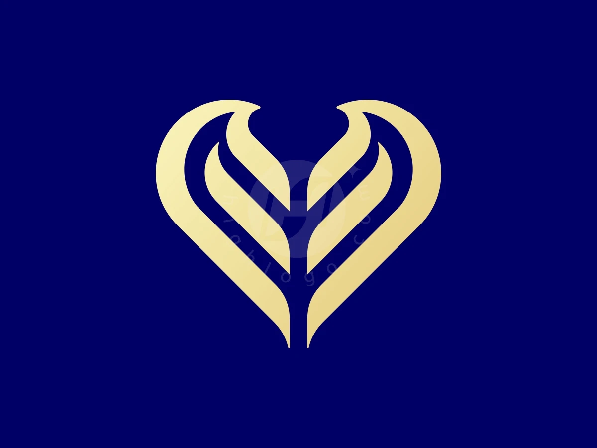 Golden angel wings form a symmetrical heart shape on a navy blue background for this luxury logo.