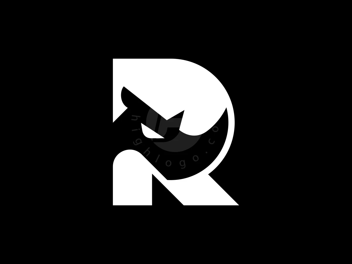 Within a bold white letter R, negative space forms a sharp rhino head logo on a black background.