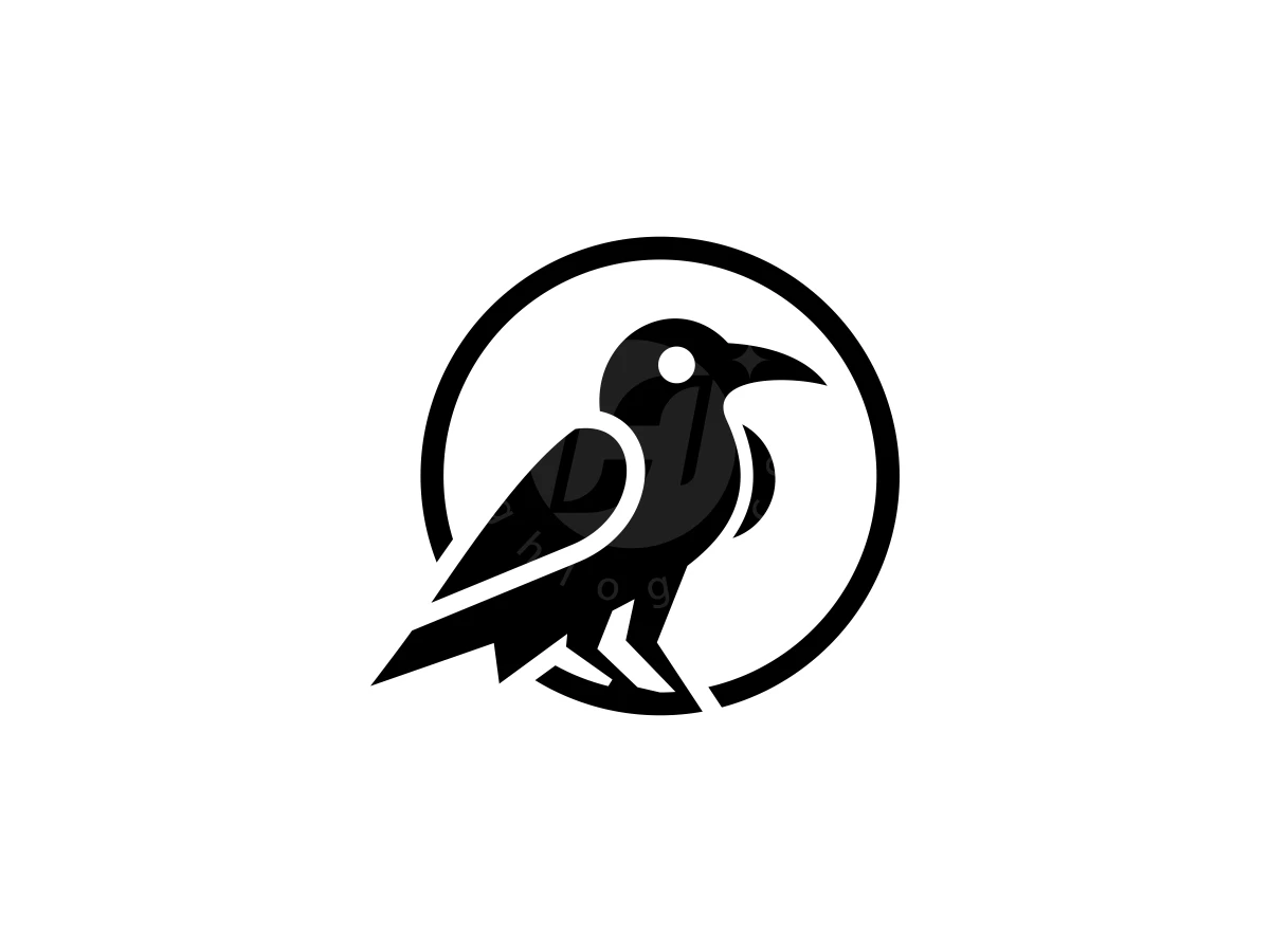 Inside a bold circular frame, a sharp black raven bird silhouette forms this iconic black and white logo.