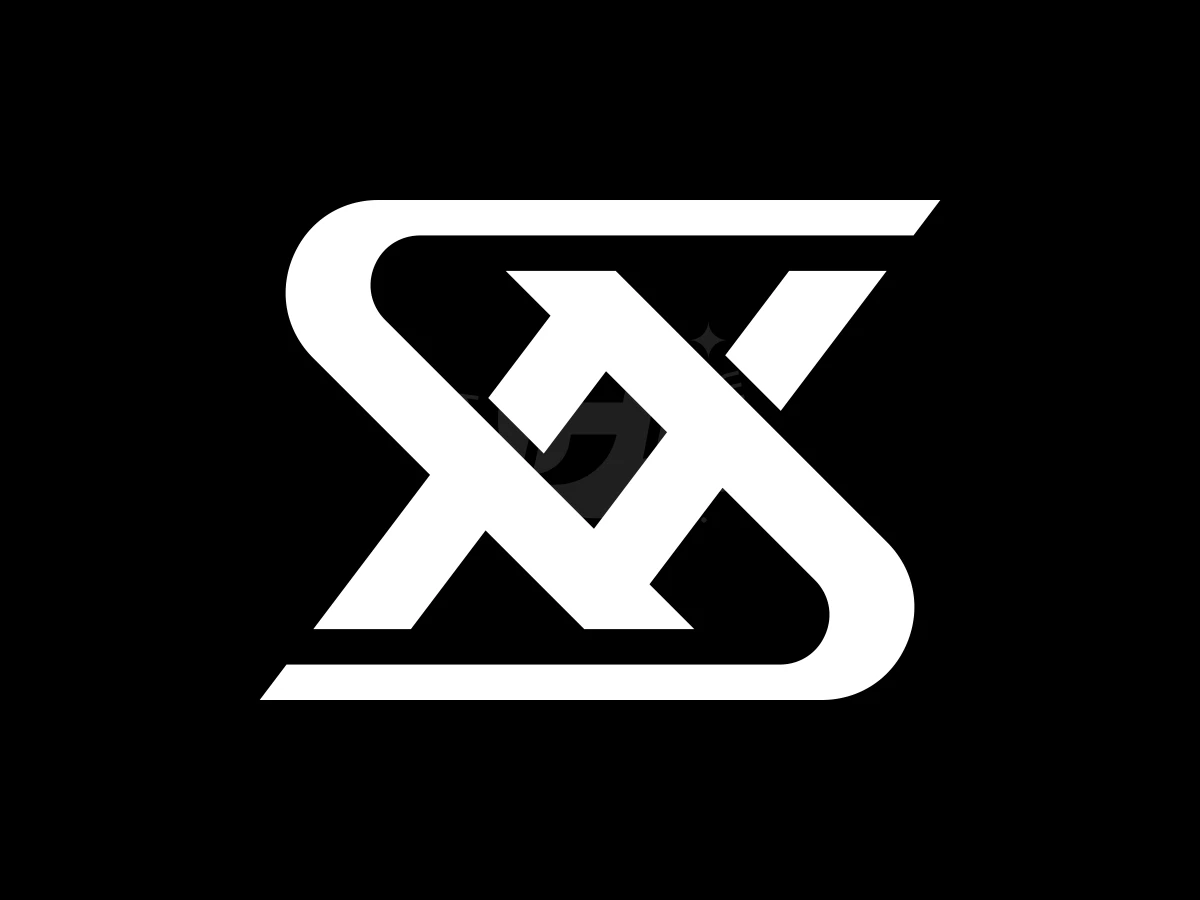 Interlocking white geometric lines form a stylized SN monogram logo against a solid black background.
