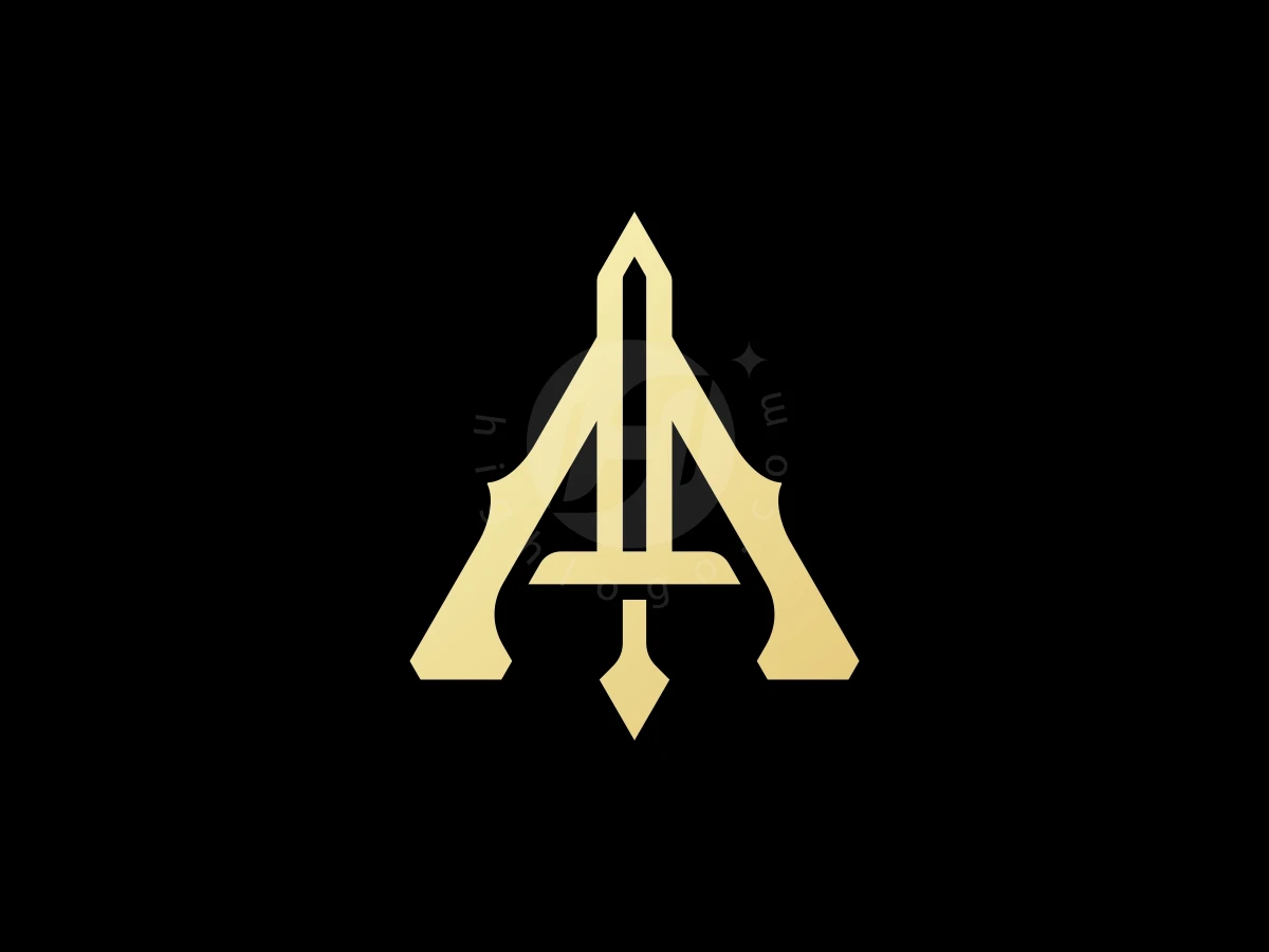 Integrating a golden sword into a stylized letter A, this logo displays sharp geometric shapes on black.