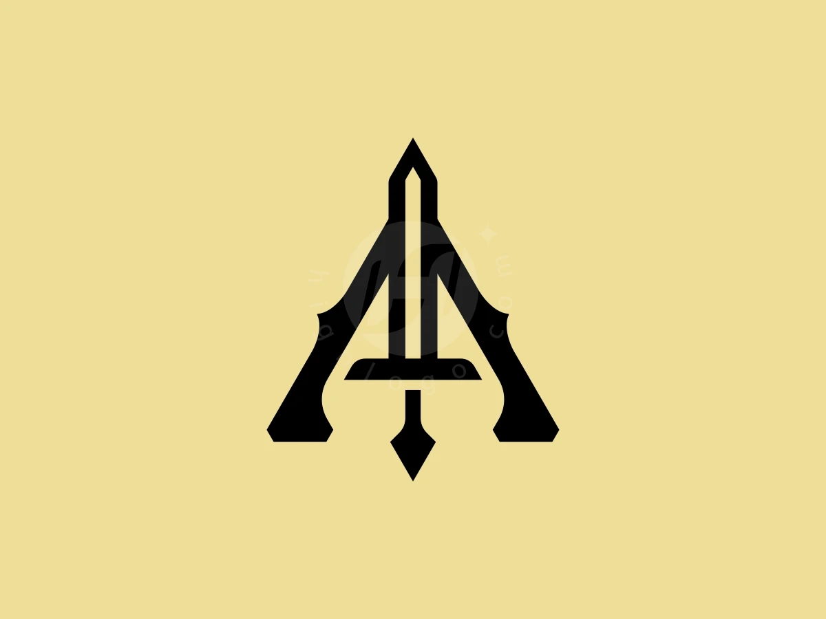 Sword imagery forms a black stylized letter A logo against a solid pale golden background.