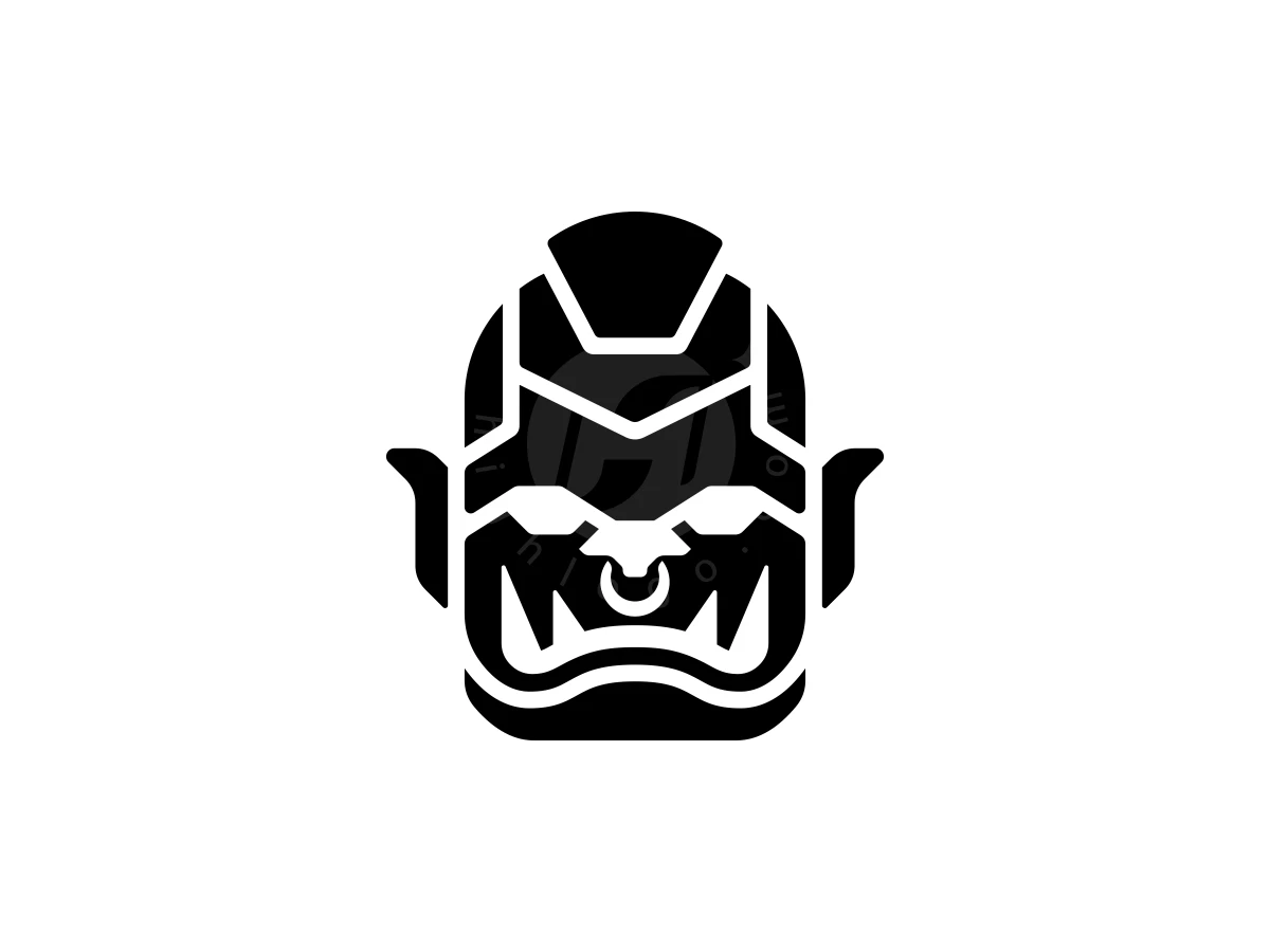 Featuring sharp tusks and a nose ring, this black geometric goblin mascot logo displays a fierce warrior face.