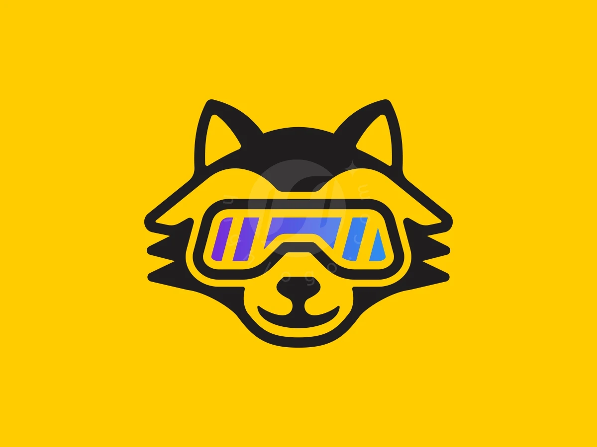 Raccoon face logo in black and yellow wears blue technology goggles on a bright yellow background.