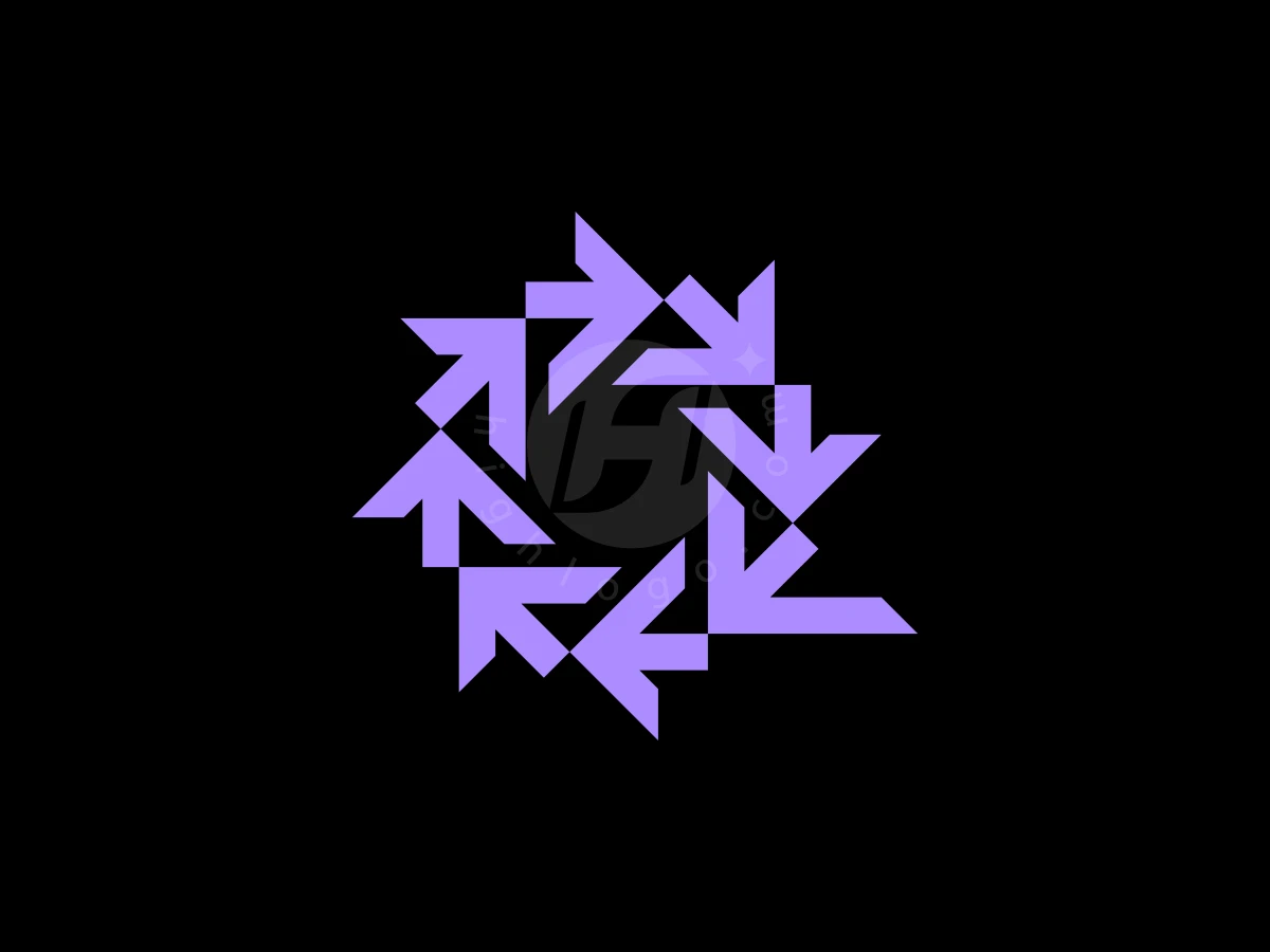 Abstract Letter Q Arrow Logo, Geometric purple arrows form a circular pinwheel shape against a solid black background.