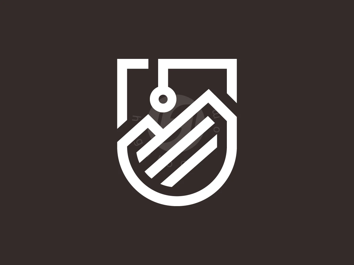 Mountains and a crane hook are outlined in white geometric lines within this shield-shaped logo on dark brown.