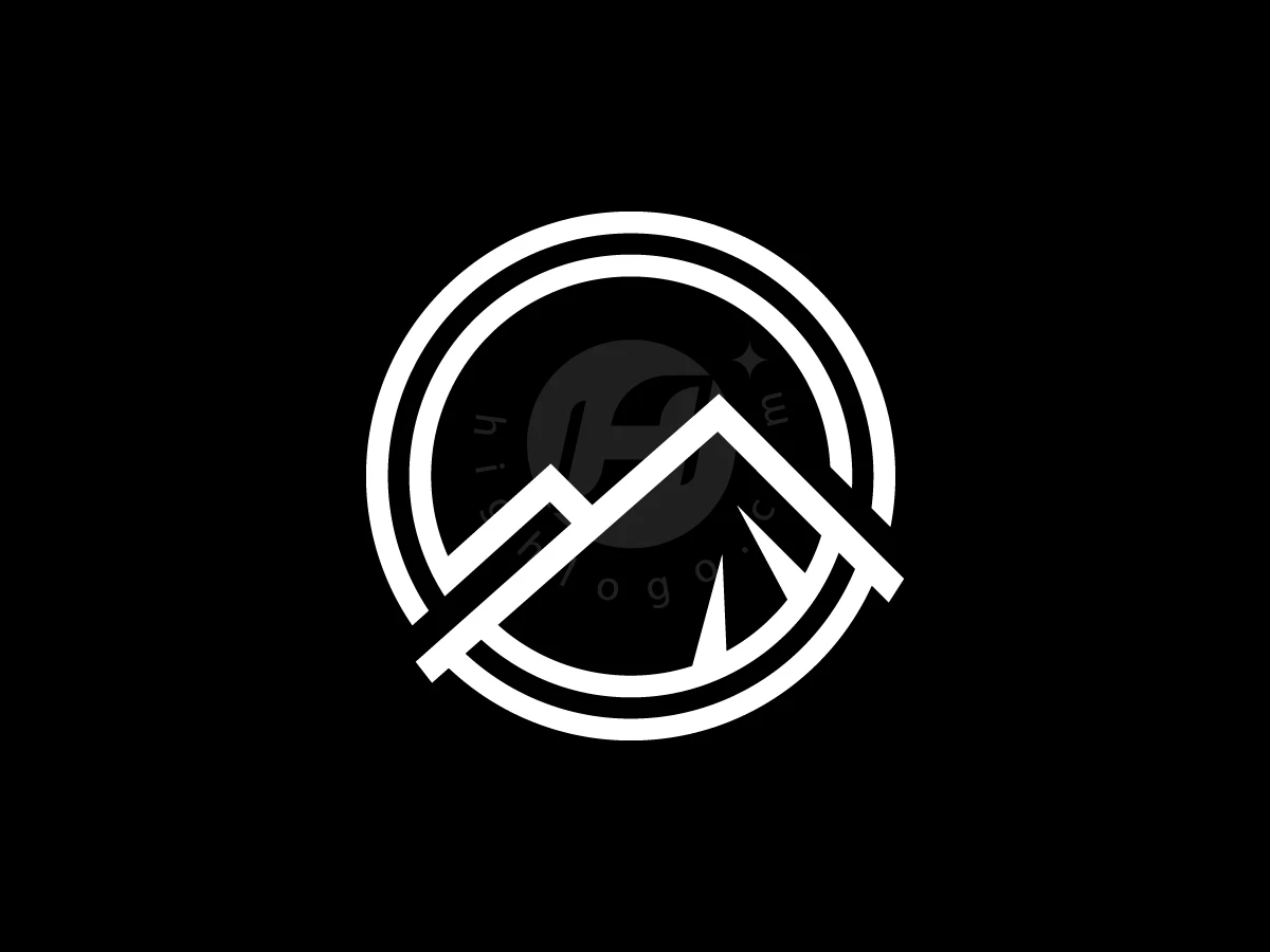 Mountains rendered in white line art intersect circular rings in this minimalist hiking brand logo on black.