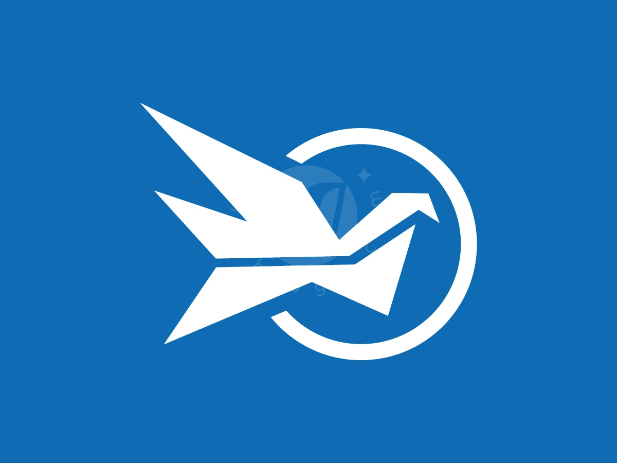 Against a solid blue background, this white geometric origami bird logo flies through a circular frame.