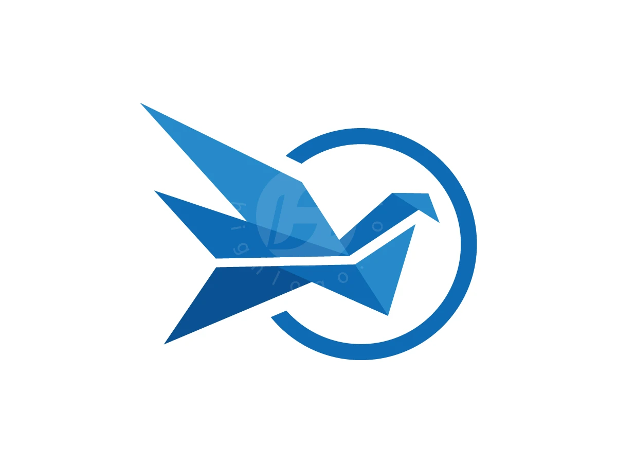 Triangles in shades of blue form a geometric origami bird logo flying through a partial circular frame.