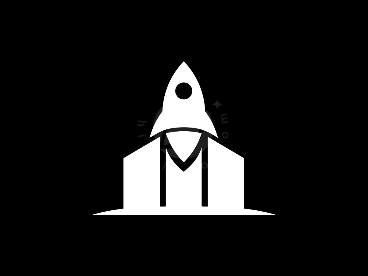 Rising between two white vertical bars, a sharp rocket ship defines this finance logo on a black background.