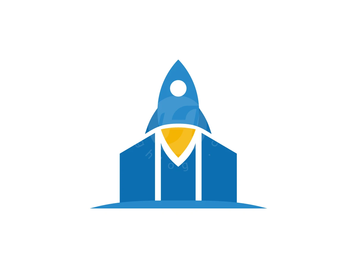 Shaded blue bars create an M-shaped base for a launching rocket with yellow flames in this finance logo.