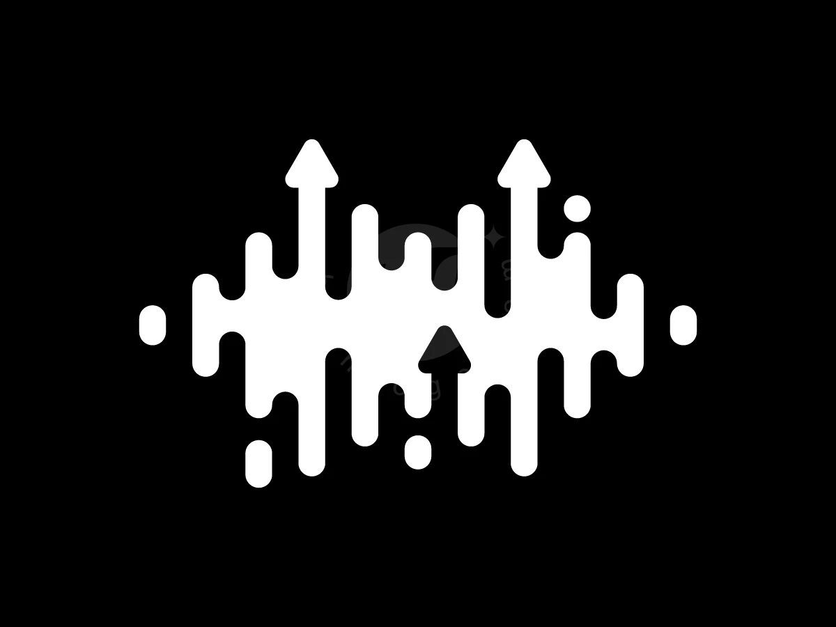 Sound wave bars and growth arrows combine in this white music finance logo against a black backdrop.
