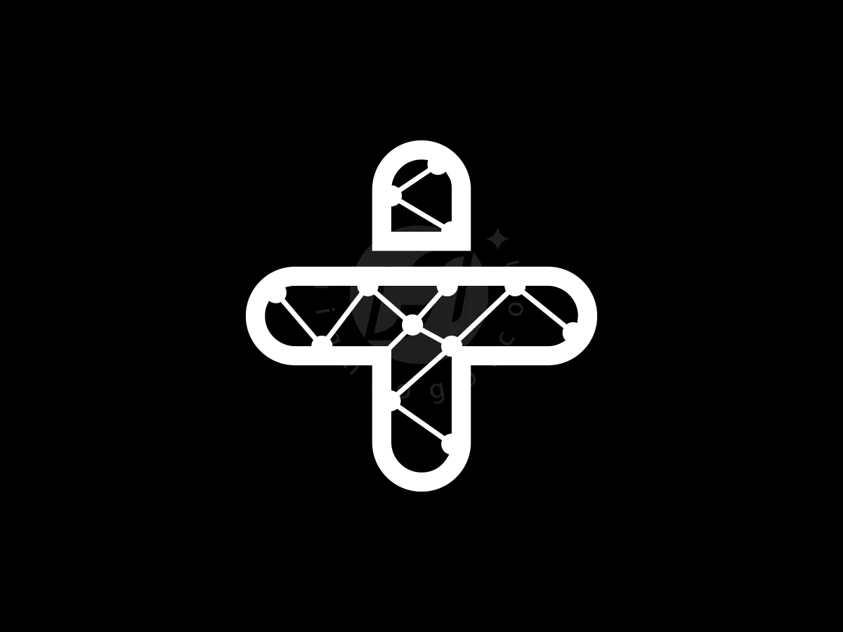 Network nodes connect inside a white medical cross, forming a letter T logo on a black background.