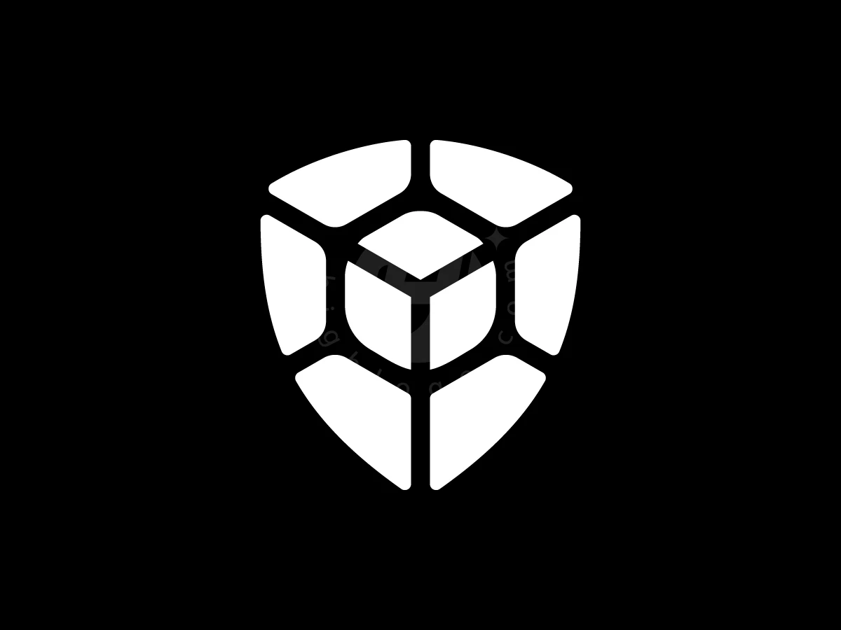 Geometric white segments form a 3D box inside a shield shape in this protection logo on black.