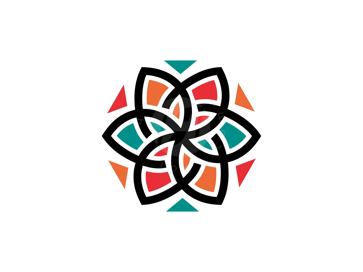 Petals in teal, orange, and red form this symmetrical traditional flower logo with bold interlocking black outlines.