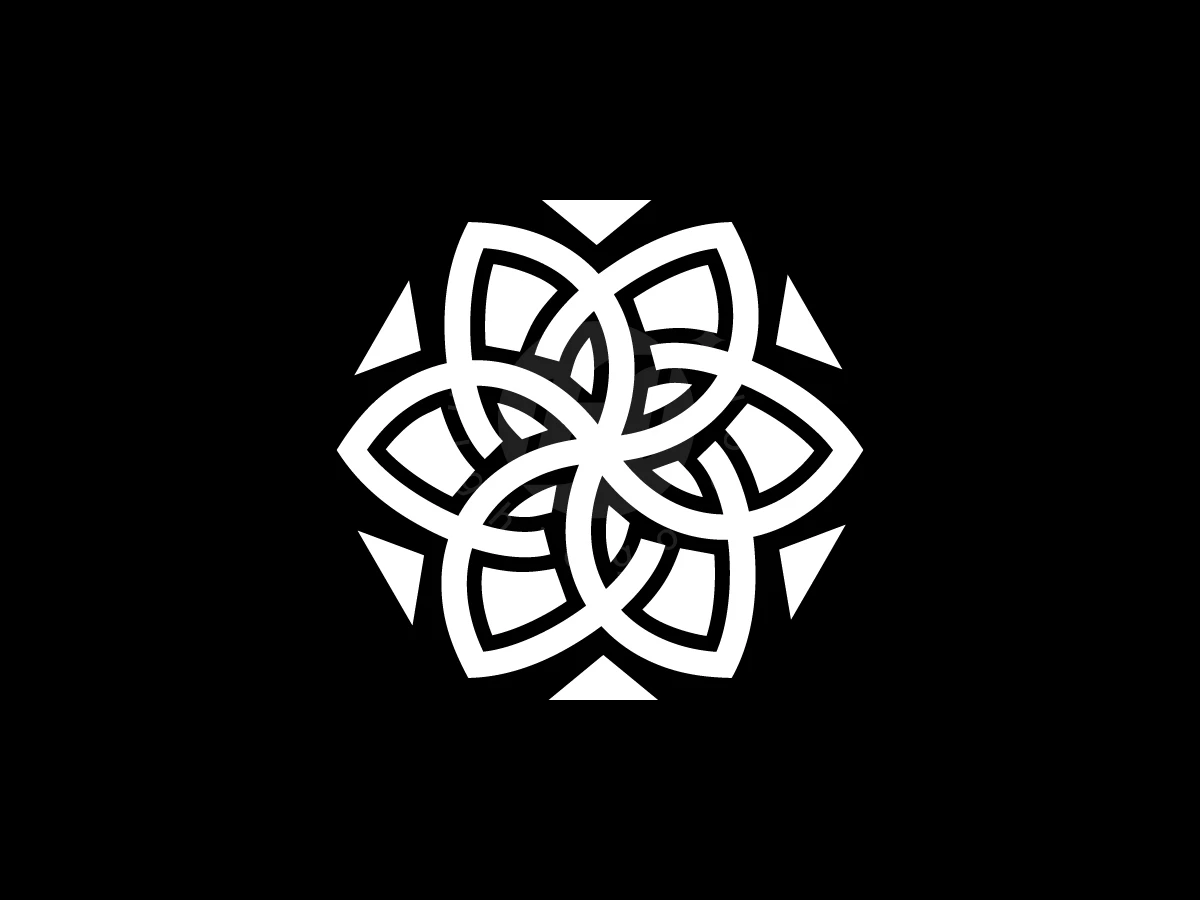 Loops of white geometric lines form a traditional floral pattern logo against a solid black background.